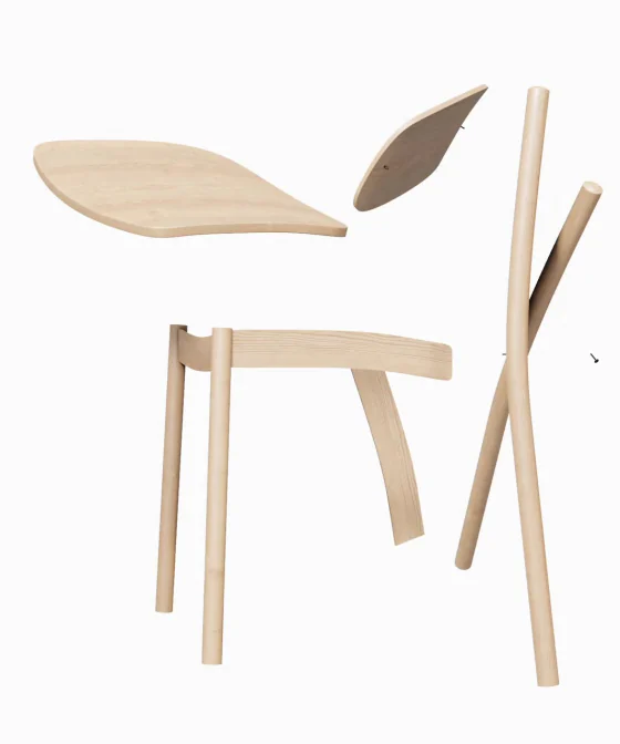 Exploded 3D render of a wooden chair