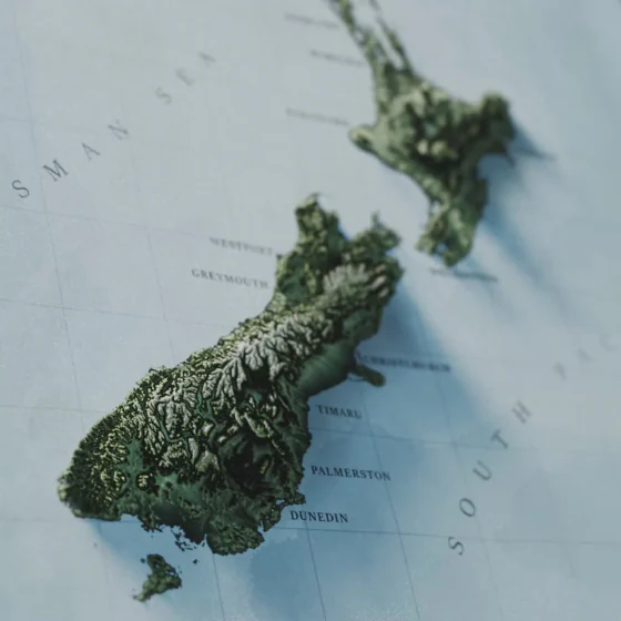 Artistic terrain elevation map of New Zealand in 3D